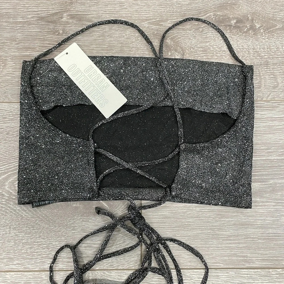 NWT Urban Outfitters Backless Crop Top Black Metallic Silver Strappy Tie Back M - Picture 7 of 13